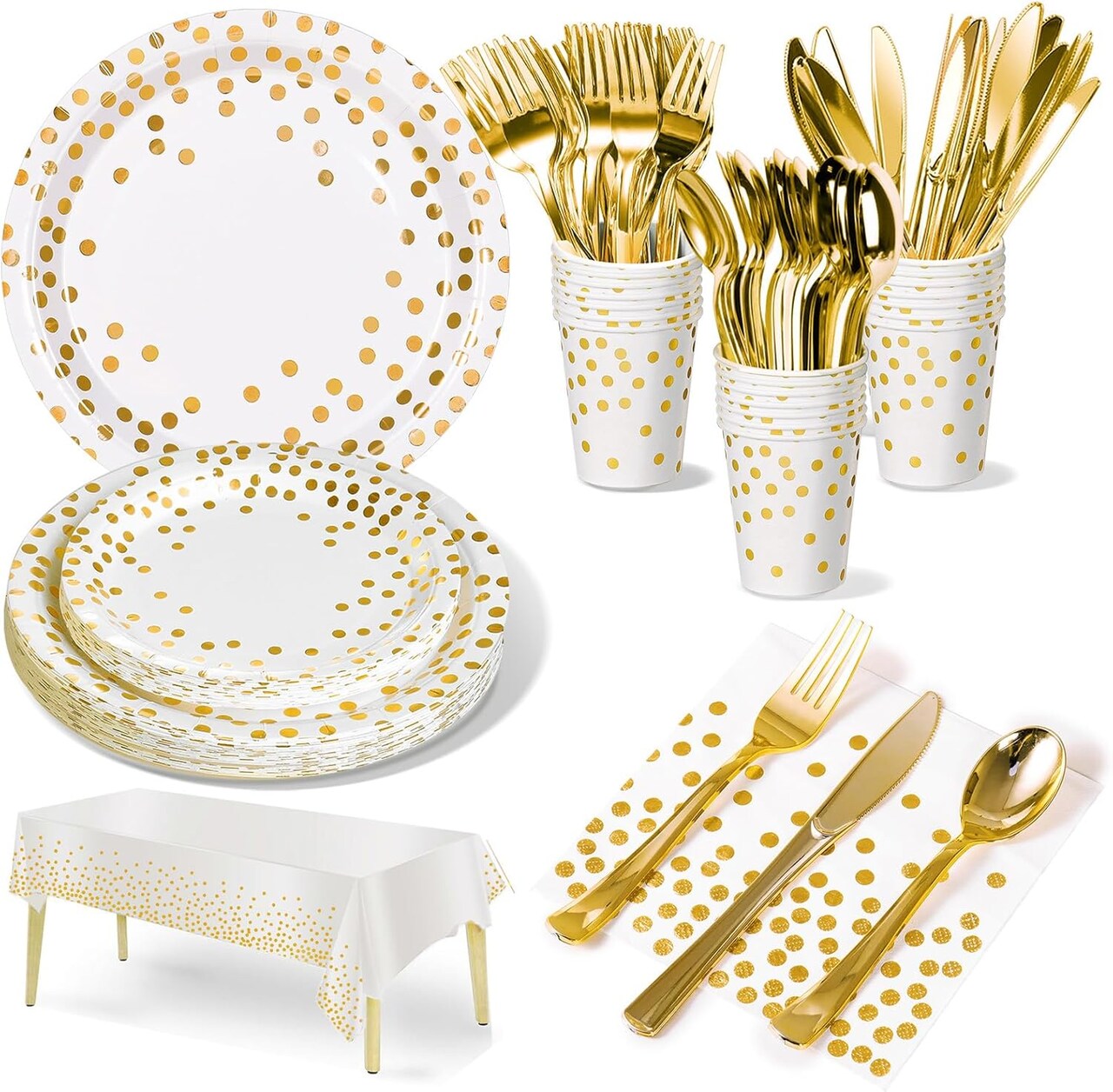 141-piece white and gold party supplies set, designed for 20 guests. This dinnerware set includes paper plates, napkins, cups, and silverware, perfect for weddings, bridal showers, engagement parties, birthdays, and other special occasions, adding an